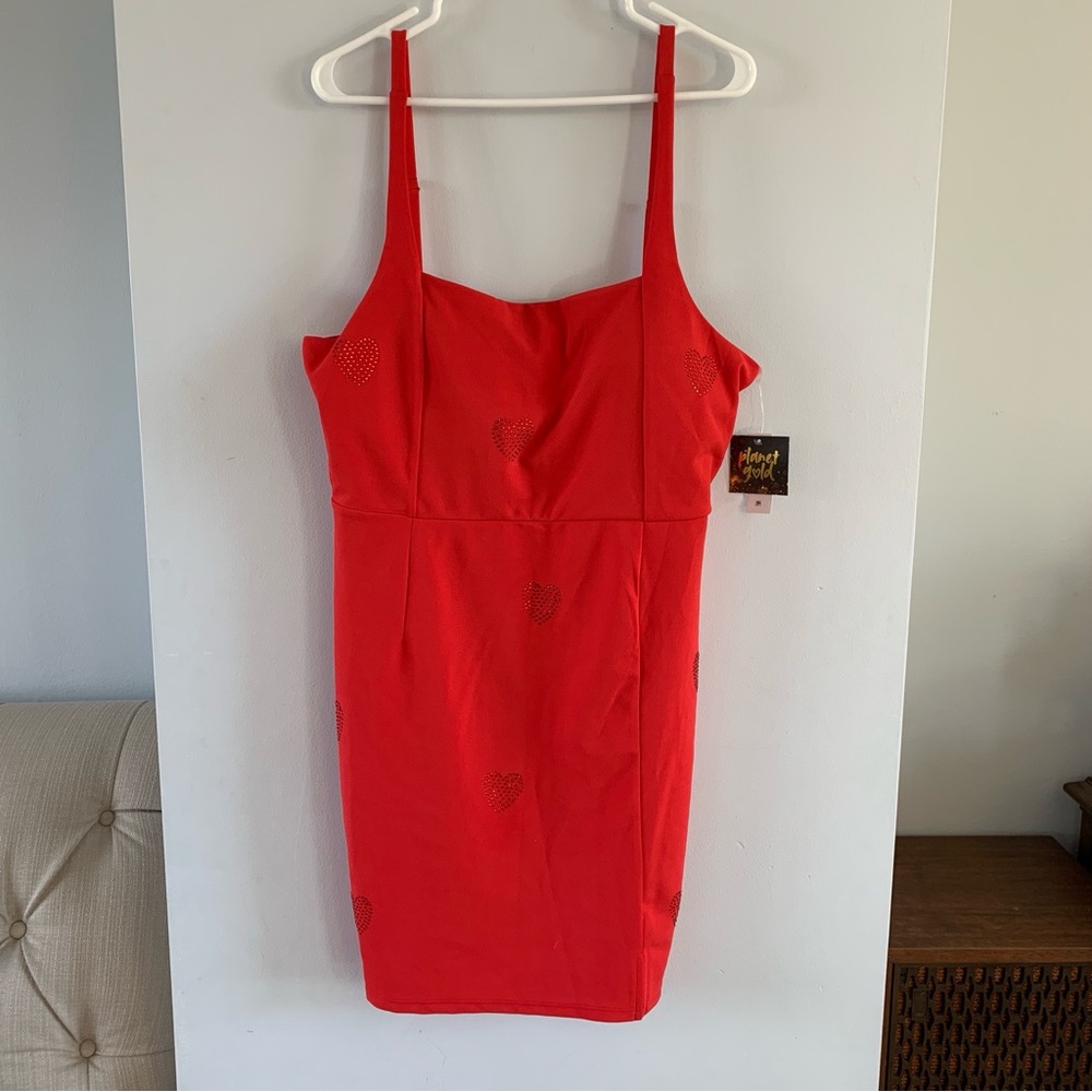 Red Mini Dress Rhinestone Heart Square Neck Valentines Day Planet Gold Size XXXL